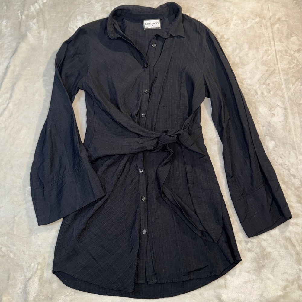 Runaway the Label Black Cotton Long Sleeve Tie Front Mini Shirt Dress Small US 4